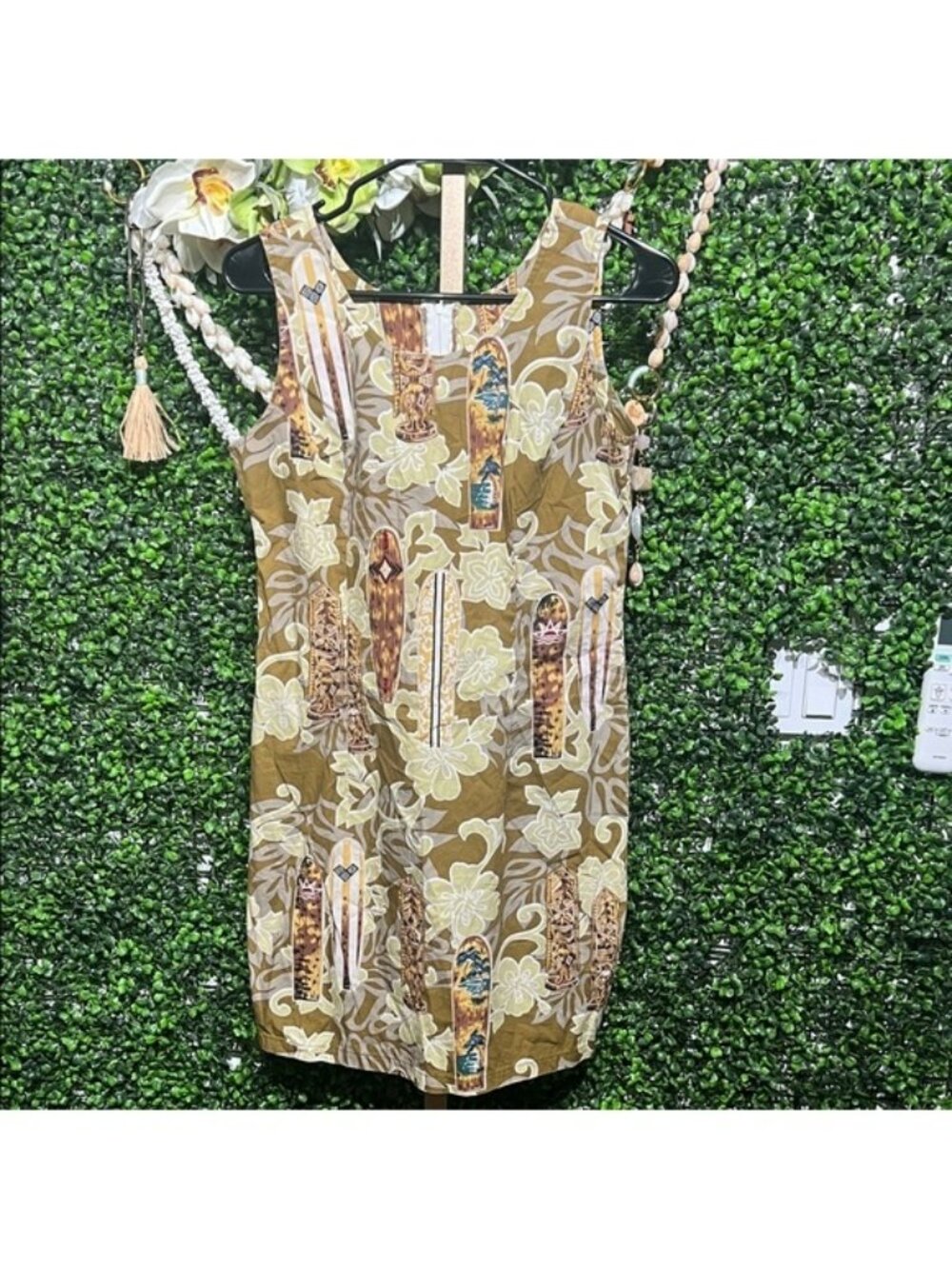 Hawaiian Flavor Floral Tiki Patterned Mini 100% Cotton Dress - Brown size Medium